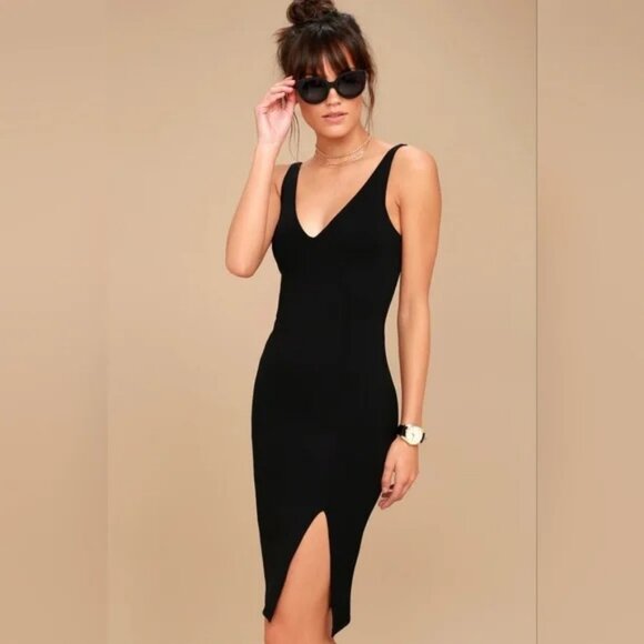 NWT Lulu's Iconic Moment Black Bodycon Midi Dress - Great for Holidays! - Picture 1 of 10